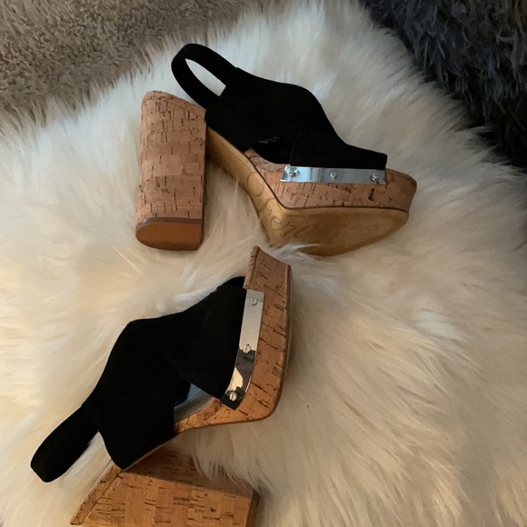 Black suede Fergie cork wedge heels, wore once. - Picture 4 of 4